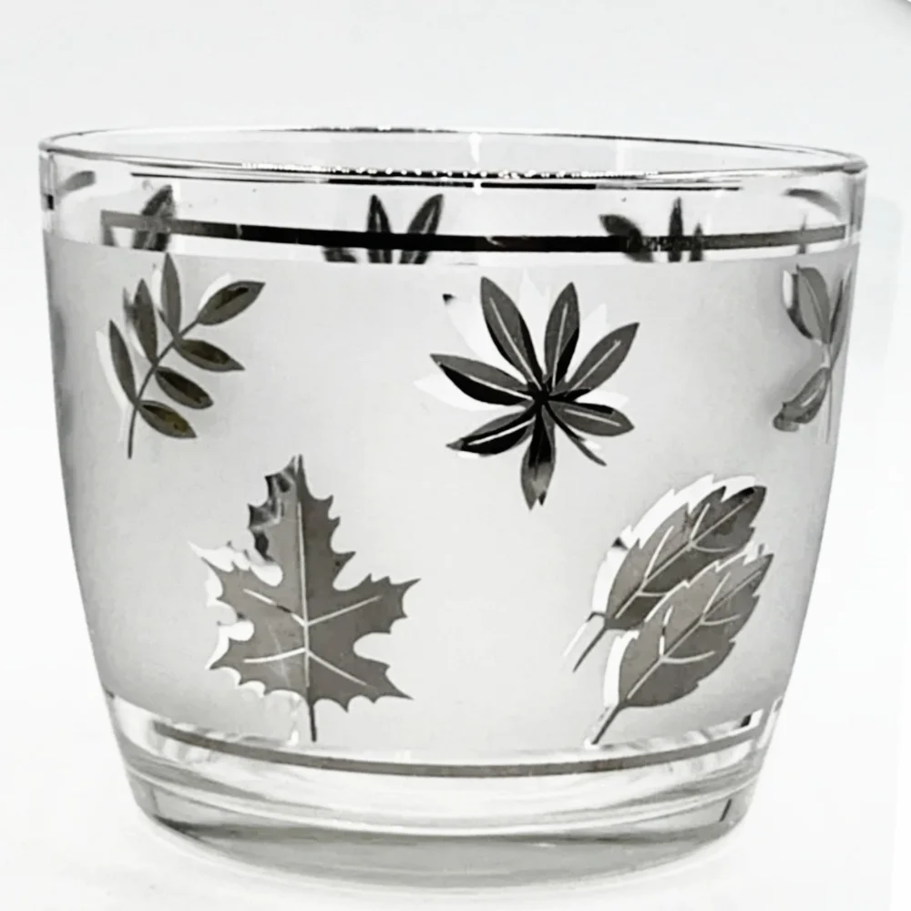 Vintage Libbey Metallic Silver Oak Leaves Frosted Glass Ice Bucket